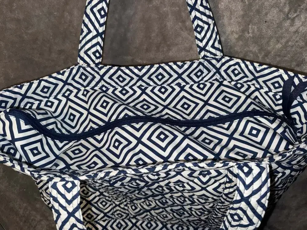 Quilted Koala Navy and White Geometric Print Quilted Tote Bag
